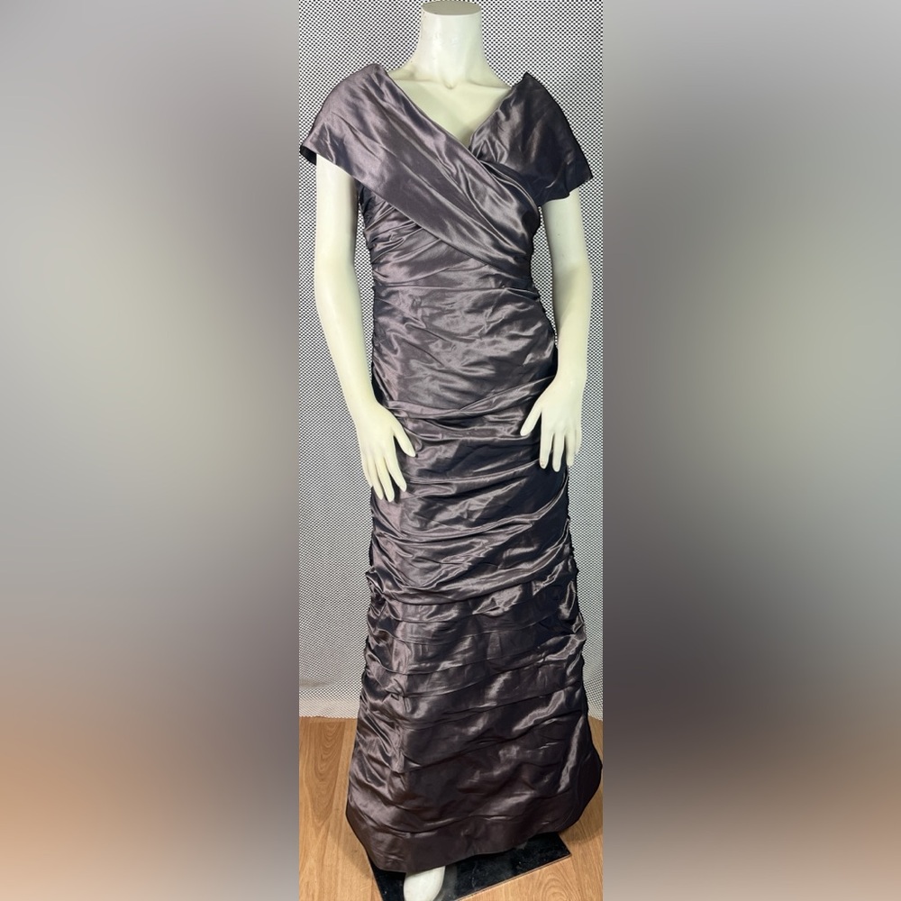 Rickie Freeman Teri Jon Off The Shoulder Ruched Sided Metallic Chocolate